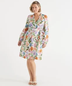 Sussan Dresses>Linen Floral Botanical Long Sleeve Dress ANTIQUE WHITE