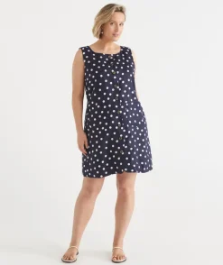 Sussan Dresses>Linen Polka Dot Sleeveless Dress INK