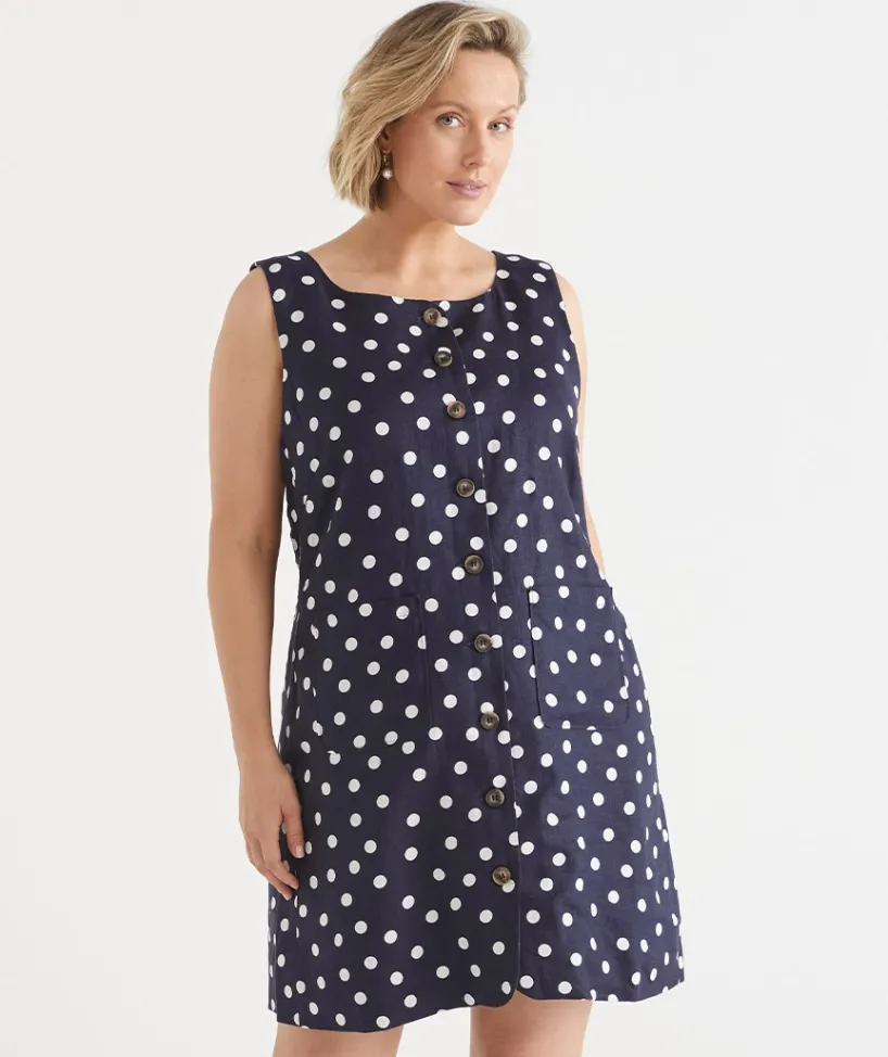Sussan Dresses>Linen Polka Dot Sleeveless Dress INK