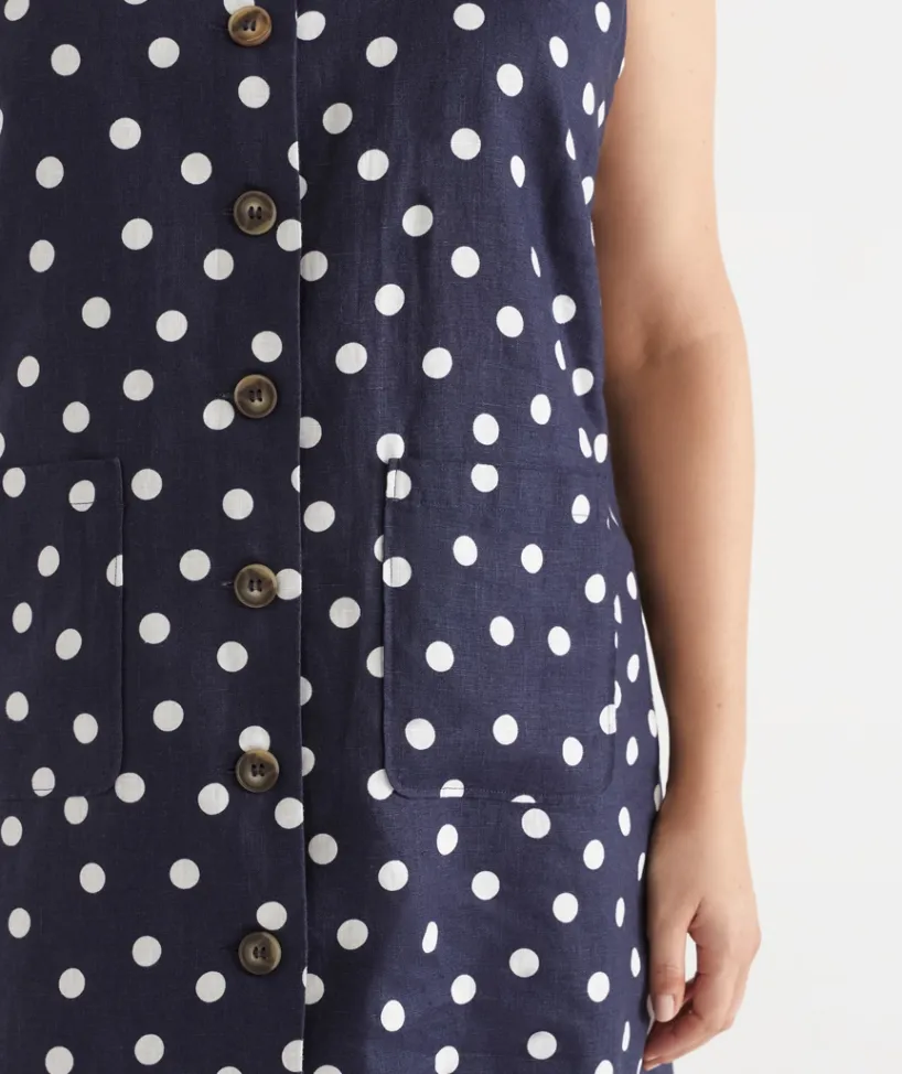 Sussan Dresses>Linen Polka Dot Sleeveless Dress INK
