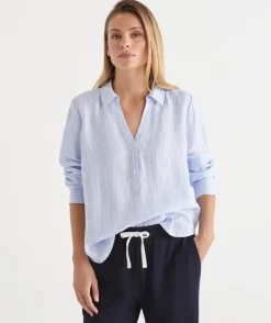 Sussan Tops|Shirts & Blouses>LINEN SPLIT BACK STRIPED SHIRT BLUE MIST