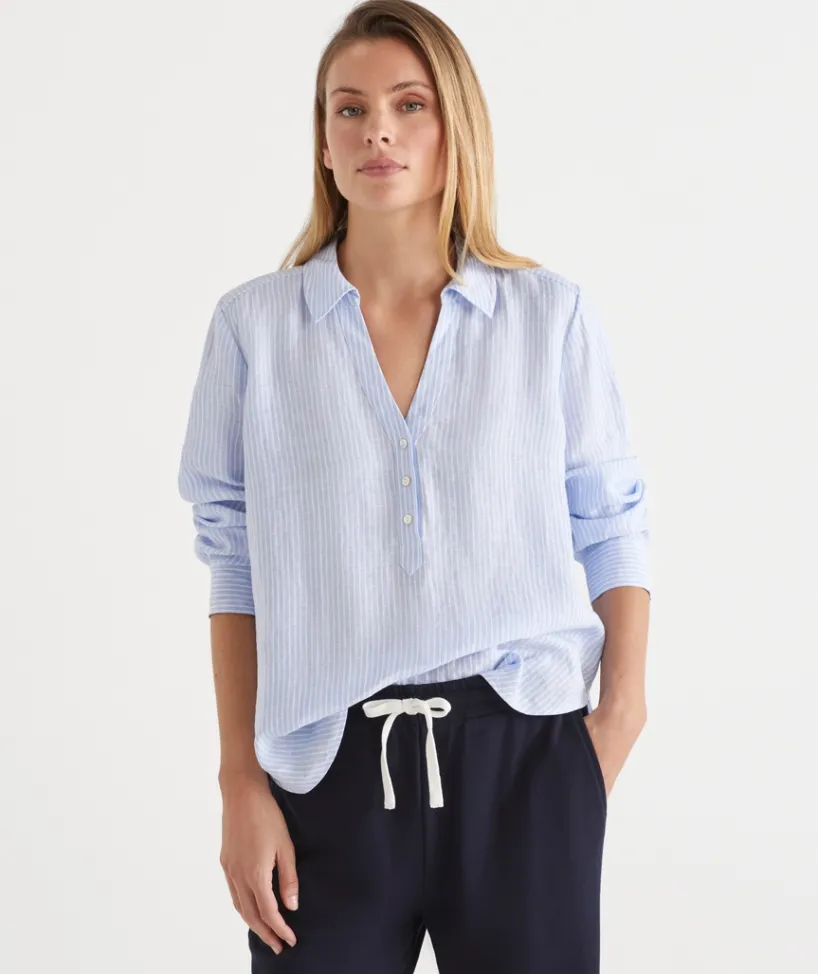 Sussan Tops|Shirts & Blouses>LINEN SPLIT BACK STRIPED SHIRT BLUE MIST