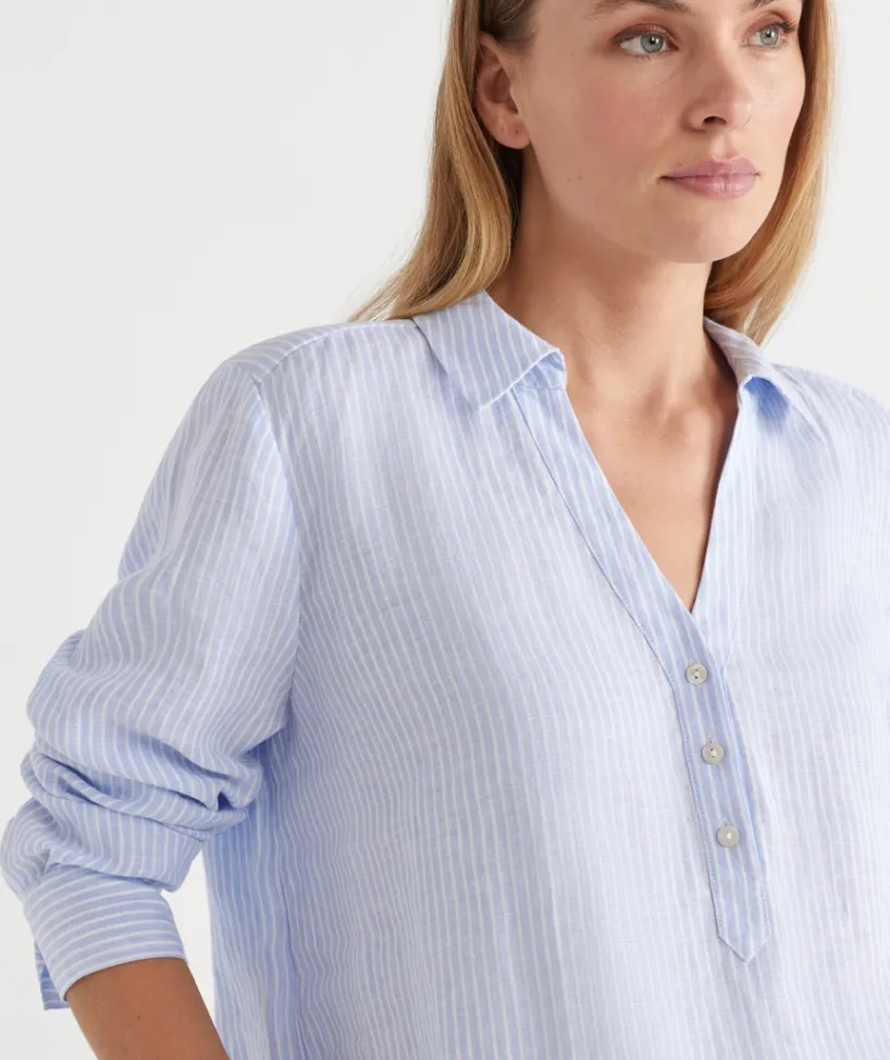 Sussan Tops|Shirts & Blouses>LINEN SPLIT BACK STRIPED SHIRT BLUE MIST