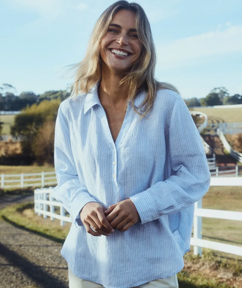 Sussan Tops|Shirts & Blouses>LINEN SPLIT BACK STRIPED SHIRT BLUE MIST