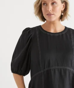 Sussan Dresses>Linen Stitch Detail Short Sleeve Midi Dress