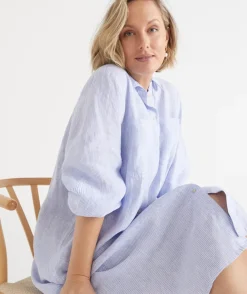 Sussan Dresses>Linen Stripe Midi Shirt Dress SOFT BLUE