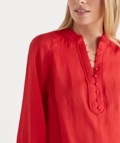 Sussan Tops|Shirts & Blouses>Long Sleeve Button Detail Blouse - Red ROUGE