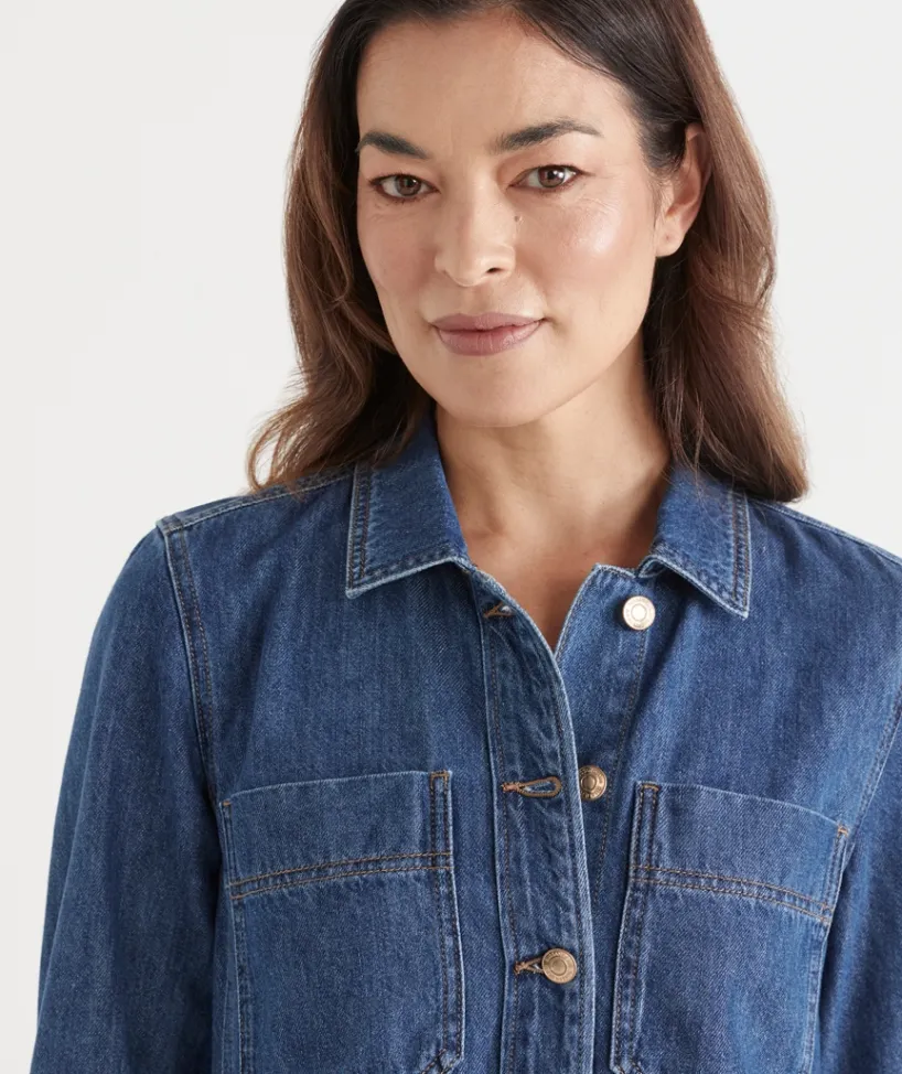 Sussan Dresses|Denim>Long Sleeve Denim Button Up Dress DARK WASH