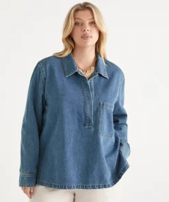 Sussan Tops|Shirts & Blouses>Long Sleeve Denim Popover Shirt MID WASH