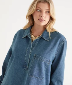 Sussan Tops|Shirts & Blouses>Long Sleeve Denim Popover Shirt MID WASH