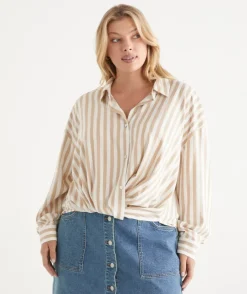 Sussan Tops|Shirts & Blouses>Long Sleeve Front Knot Stripe Shirt NATURAL
