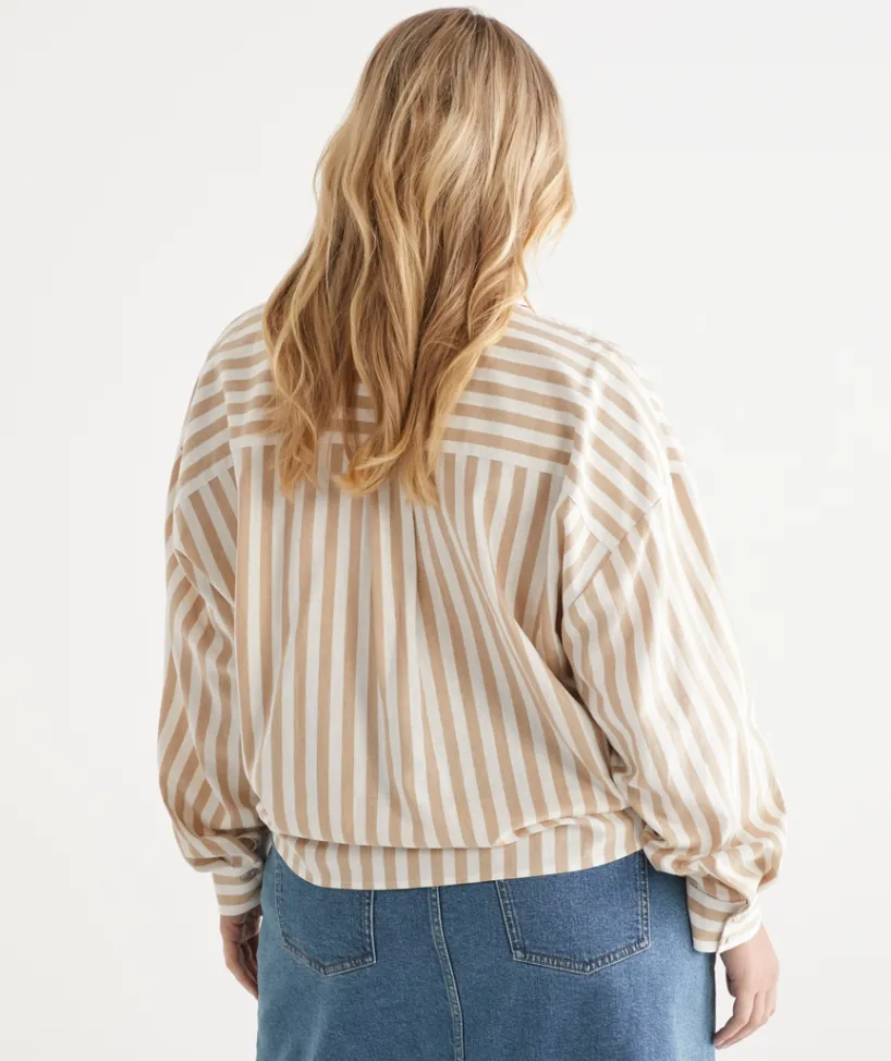 Sussan Tops|Shirts & Blouses>Long Sleeve Front Knot Stripe Shirt NATURAL