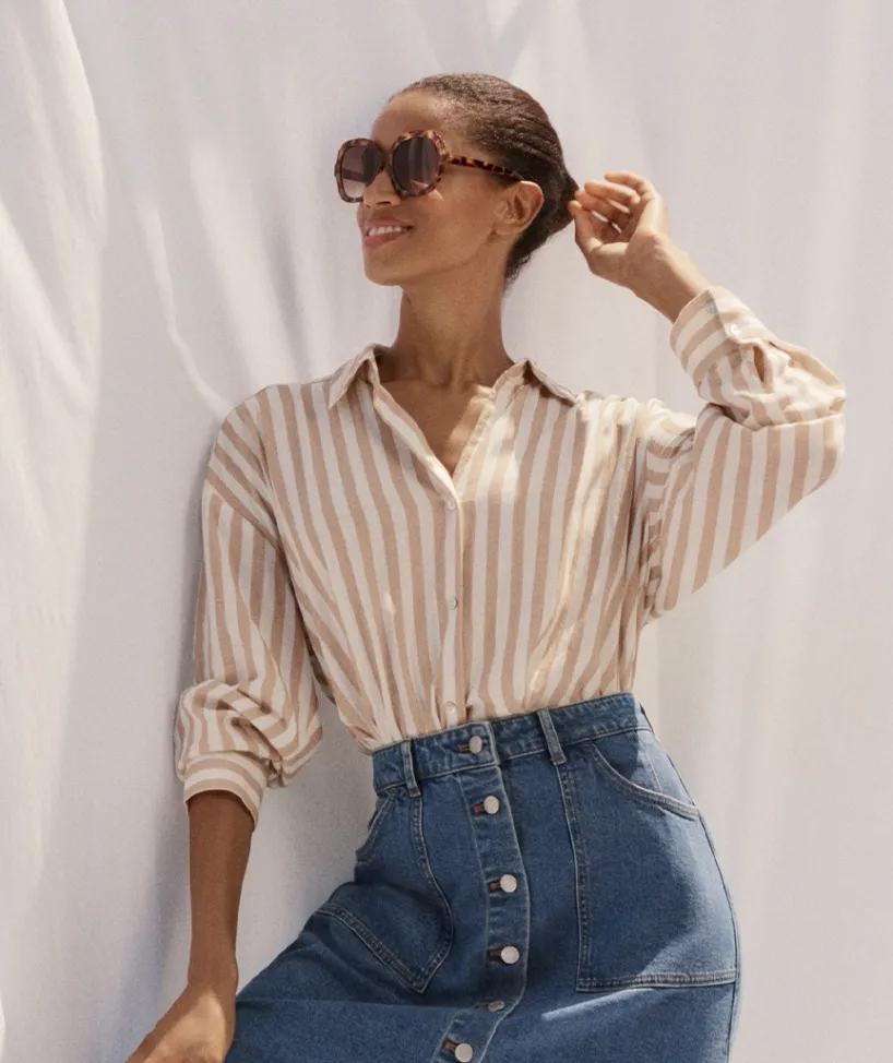 Sussan Tops|Shirts & Blouses>Long Sleeve Front Knot Stripe Shirt NATURAL