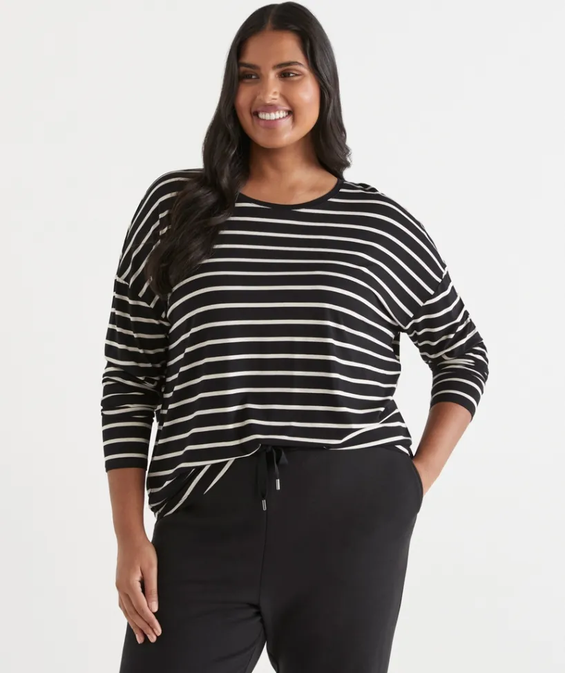 Sussan Tops|T-Shirts>Long Sleeve Stripe Pleat Back Tee - BLACK/NATURAL