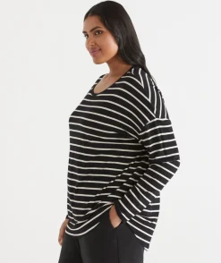 Sussan Tops|T-Shirts>Long Sleeve Stripe Pleat Back Tee - BLACK/NATURAL