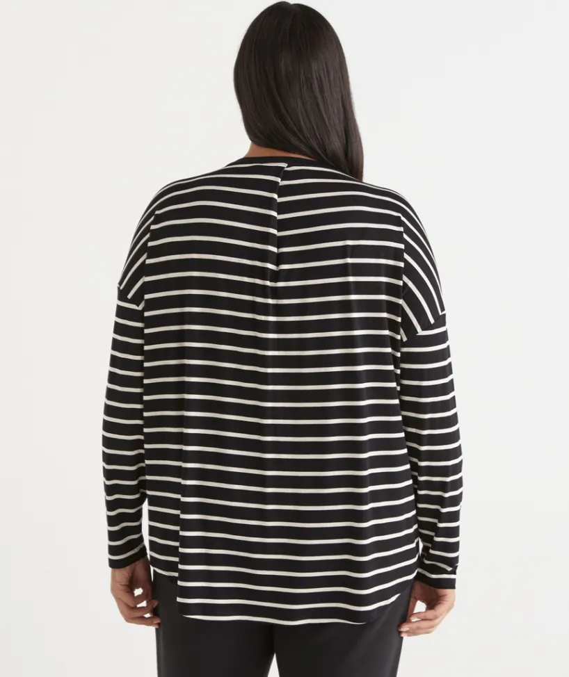 Sussan Tops|T-Shirts>Long Sleeve Stripe Pleat Back Tee - BLACK/NATURAL