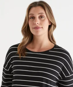 Sussan Tops|T-Shirts>Long Sleeve Stripe Pleat Back Tee - BLACK/WHITE