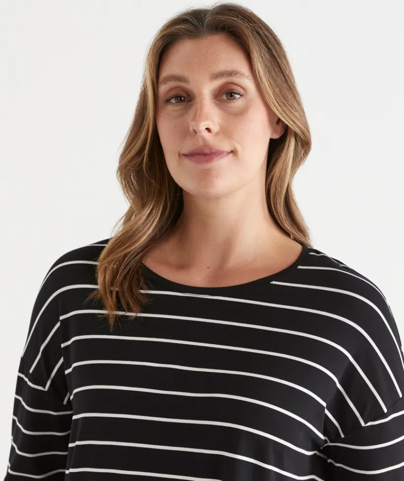 Sussan Tops|T-Shirts>Long Sleeve Stripe Pleat Back Tee - BLACK/WHITE