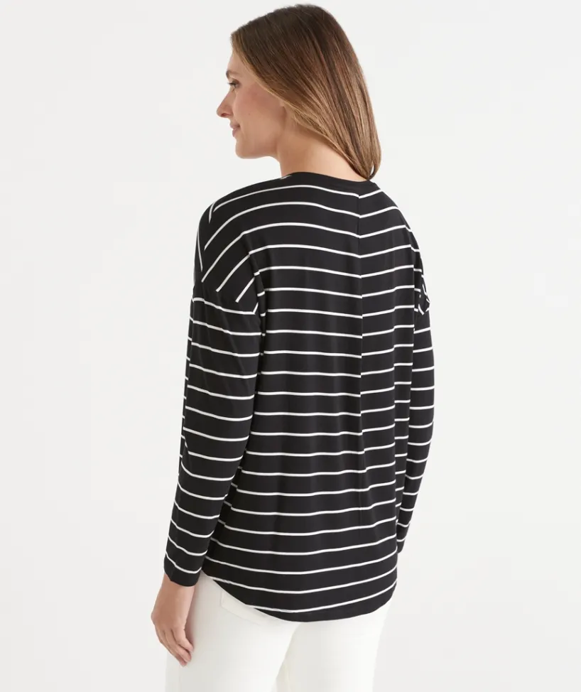Sussan Tops|T-Shirts>Long Sleeve Stripe Pleat Back Tee - BLACK/WHITE