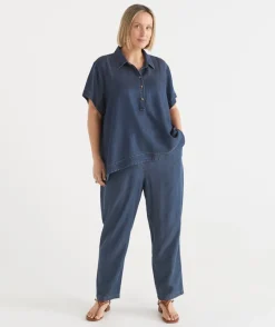 Sussan Shirts & Blouses|Tops>Lyocell Collared Short Sleeve Shirt DARK WASH