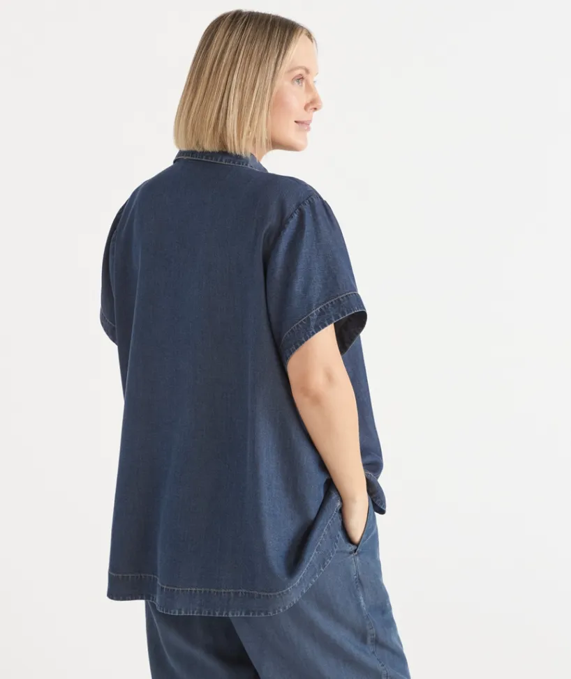 Sussan Shirts & Blouses|Tops>Lyocell Collared Short Sleeve Shirt DARK WASH