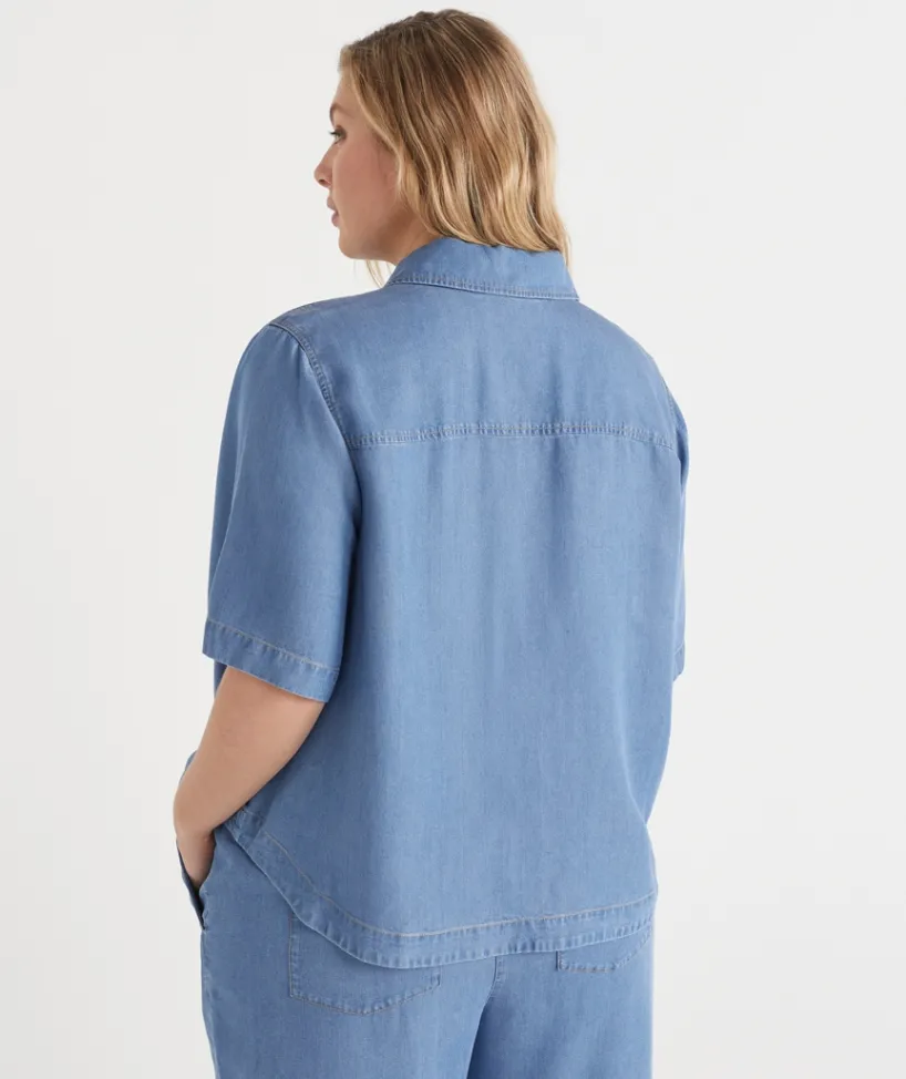 Sussan Tops|Matching Sets>Lyocell Scoop Hem Short Sleeve Shirt MID WASH