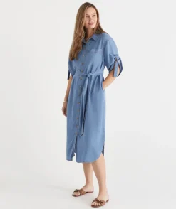 Sussan Dresses>Lyocell Short Sleeve Midi Shirt Dress MID WASH