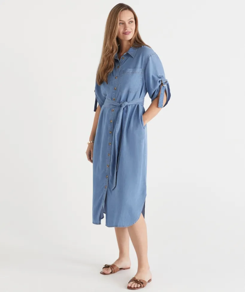 Sussan Dresses>Lyocell Short Sleeve Midi Shirt Dress MID WASH