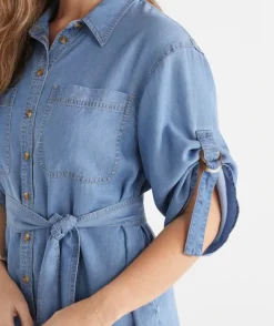 Sussan Dresses>Lyocell Short Sleeve Midi Shirt Dress MID WASH