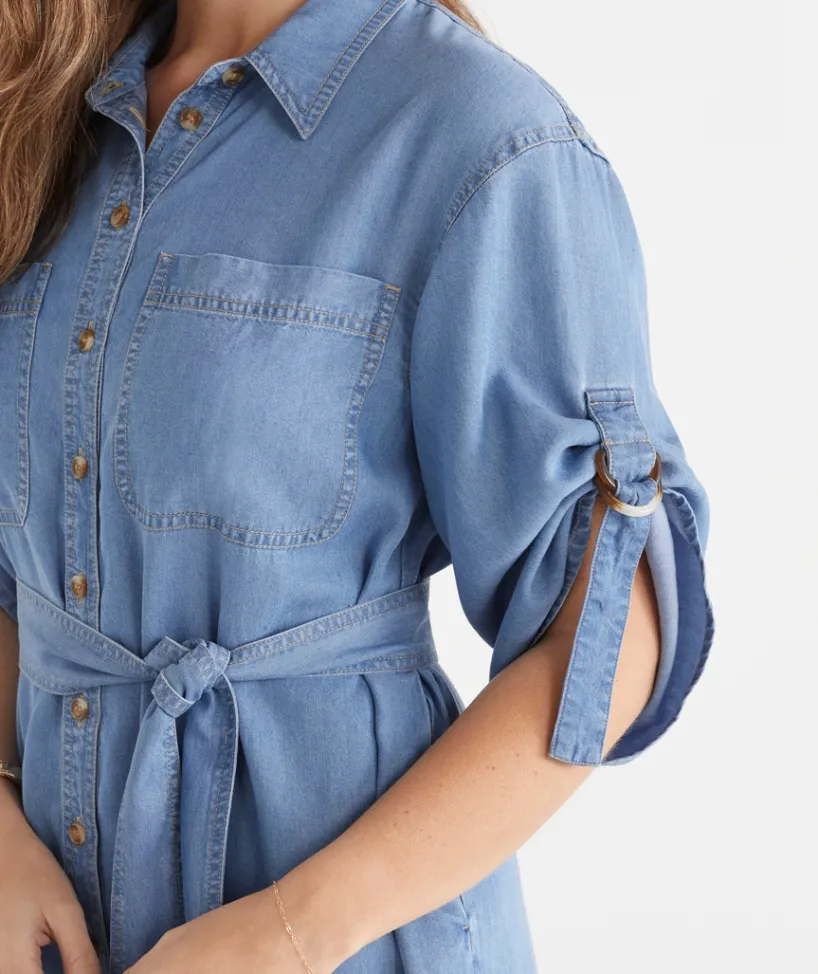 Sussan Dresses>Lyocell Short Sleeve Midi Shirt Dress MID WASH