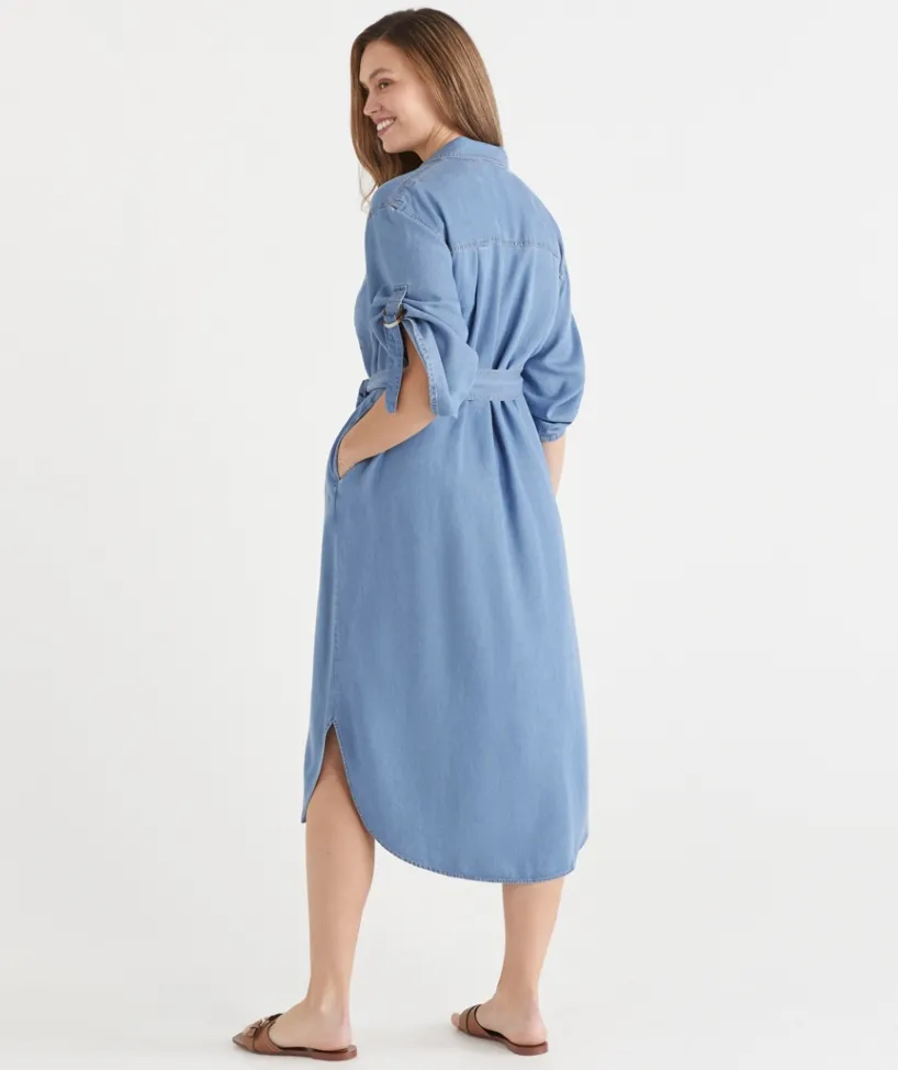 Sussan Dresses>Lyocell Short Sleeve Midi Shirt Dress MID WASH