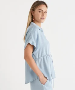 Sussan Tops|Matching Sets>Lyocell Tie Waist Short Sleeve Shirt LIGHT WASH