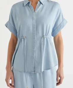 Sussan Tops|Matching Sets>Lyocell Tie Waist Short Sleeve Shirt LIGHT WASH