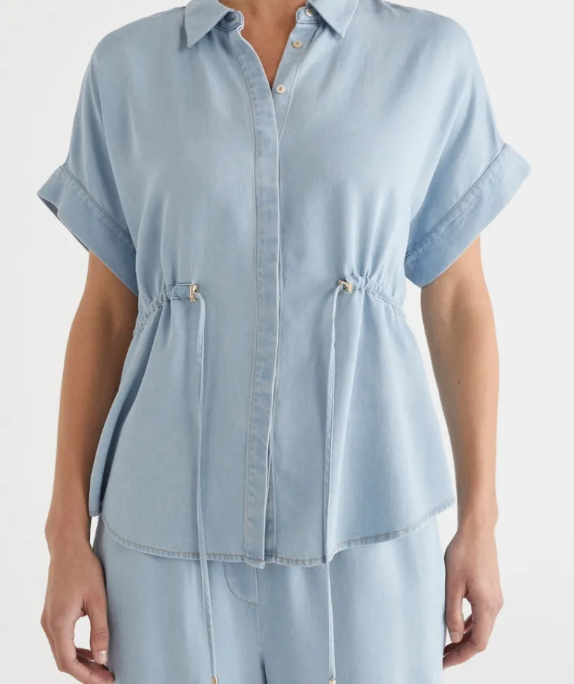 Sussan Tops|Matching Sets>Lyocell Tie Waist Short Sleeve Shirt LIGHT WASH