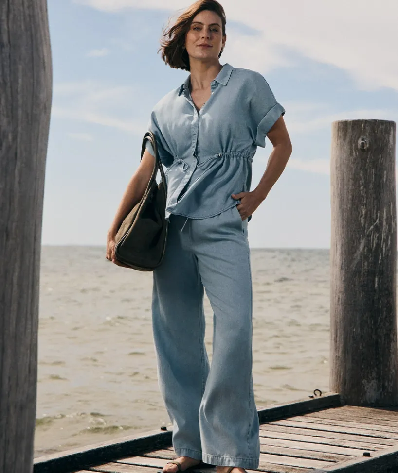 Sussan Tops|Matching Sets>Lyocell Tie Waist Short Sleeve Shirt LIGHT WASH