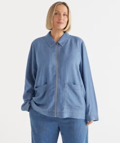 Sussan Jackets & Coats|Jackets>Lyocell Zip Front Collared Jacket MID WASH