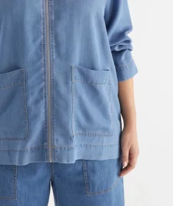 Sussan Jackets & Coats|Jackets>Lyocell Zip Front Collared Jacket MID WASH