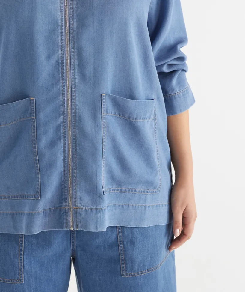 Sussan Jackets & Coats|Jackets>Lyocell Zip Front Collared Jacket MID WASH