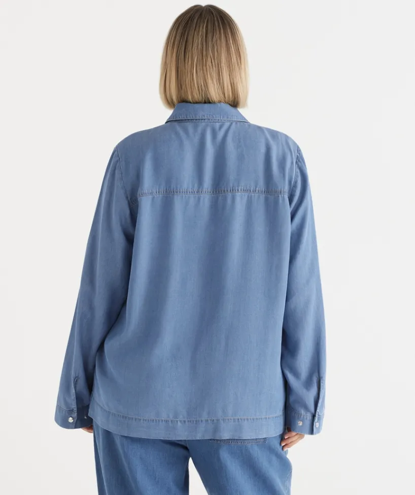 Sussan Jackets & Coats|Jackets>Lyocell Zip Front Collared Jacket MID WASH