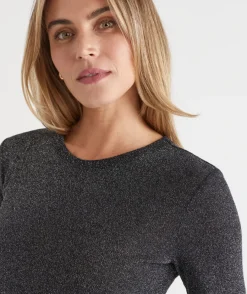 Sussan Tops>Metallic Long Sleeve Top BLACK