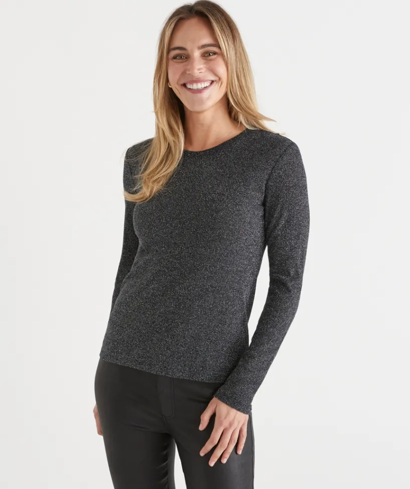 Sussan Tops>Metallic Long Sleeve Top BLACK