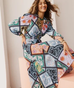 Sussan Dresses>Mosaic Print Long Sleeve Midi Shirt Dress MULTI