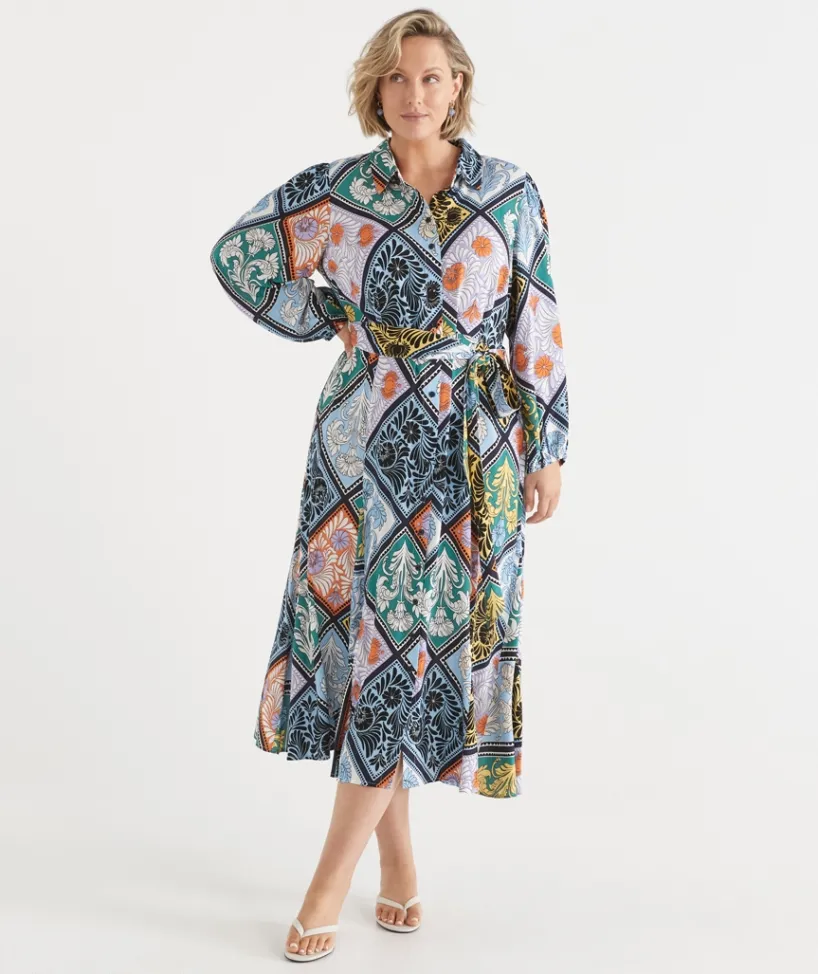 Sussan Dresses>Mosaic Print Long Sleeve Midi Shirt Dress MULTI
