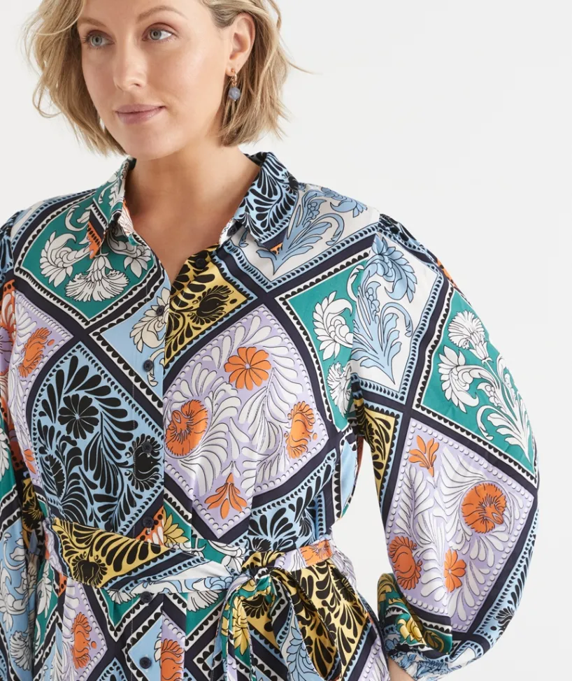 Sussan Dresses>Mosaic Print Long Sleeve Midi Shirt Dress MULTI