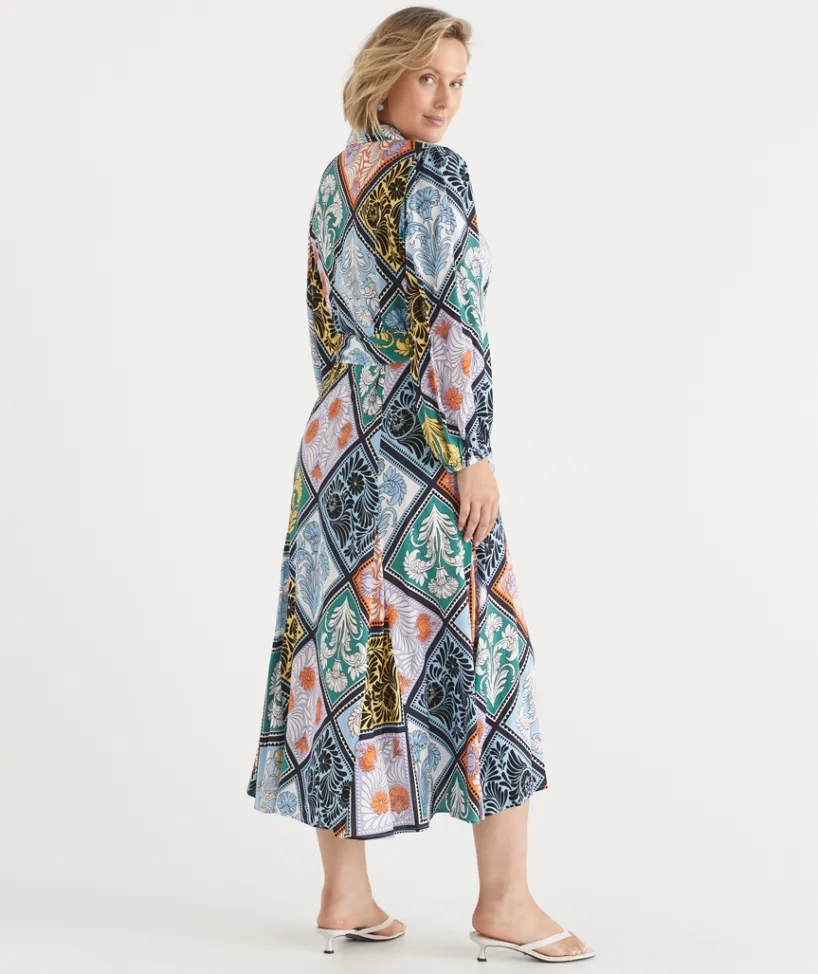 Sussan Dresses>Mosaic Print Long Sleeve Midi Shirt Dress MULTI