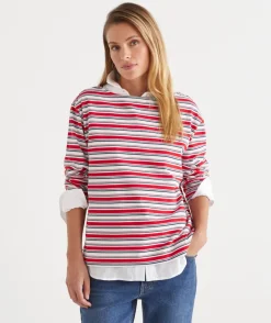 Sussan Tops>Multi Stripe Long Sleeve Top - Red ROUGE