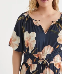 Sussan Dresses>Orchid Floral Short Sleeve Midi Dress INK