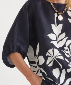 Sussan Tops|Matching Sets>Palm Print 3/4 Sleeve Top - MIDNIGHT