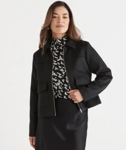 Sussan Jackets & Coats|Jackets>Pocket Detail Zip Front Jacket BLACK