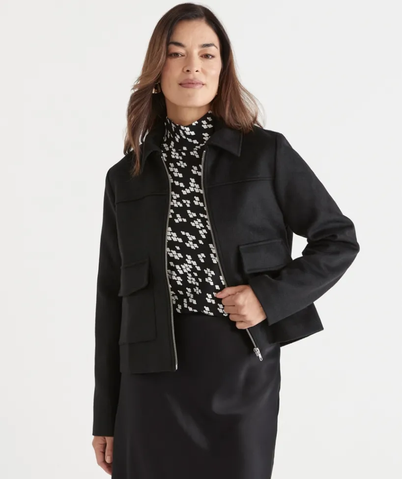 Sussan Jackets & Coats|Jackets>Pocket Detail Zip Front Jacket BLACK